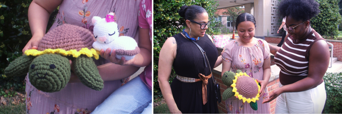 Three women stand outside St. Ann's Center. The woman in the middle holds several crocheted stuffed animals.