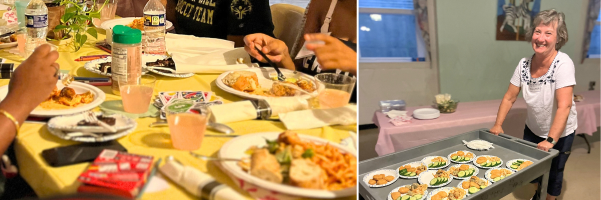 Women enjoying a family-style meal in St. Ann's Center's auditorium.