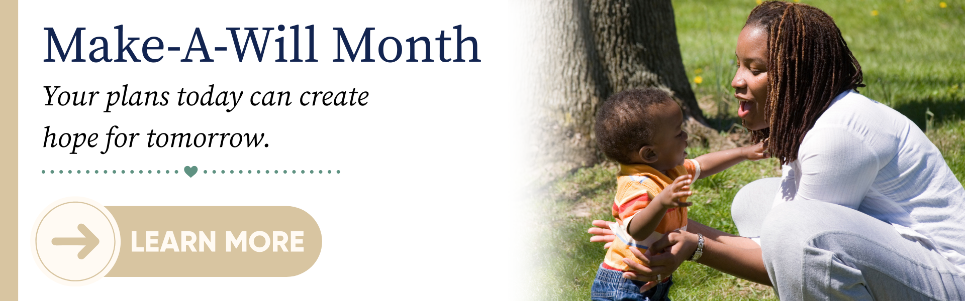 Photo of a mother kneeling and embracing her toddler son on grass, a strong tree behind them.